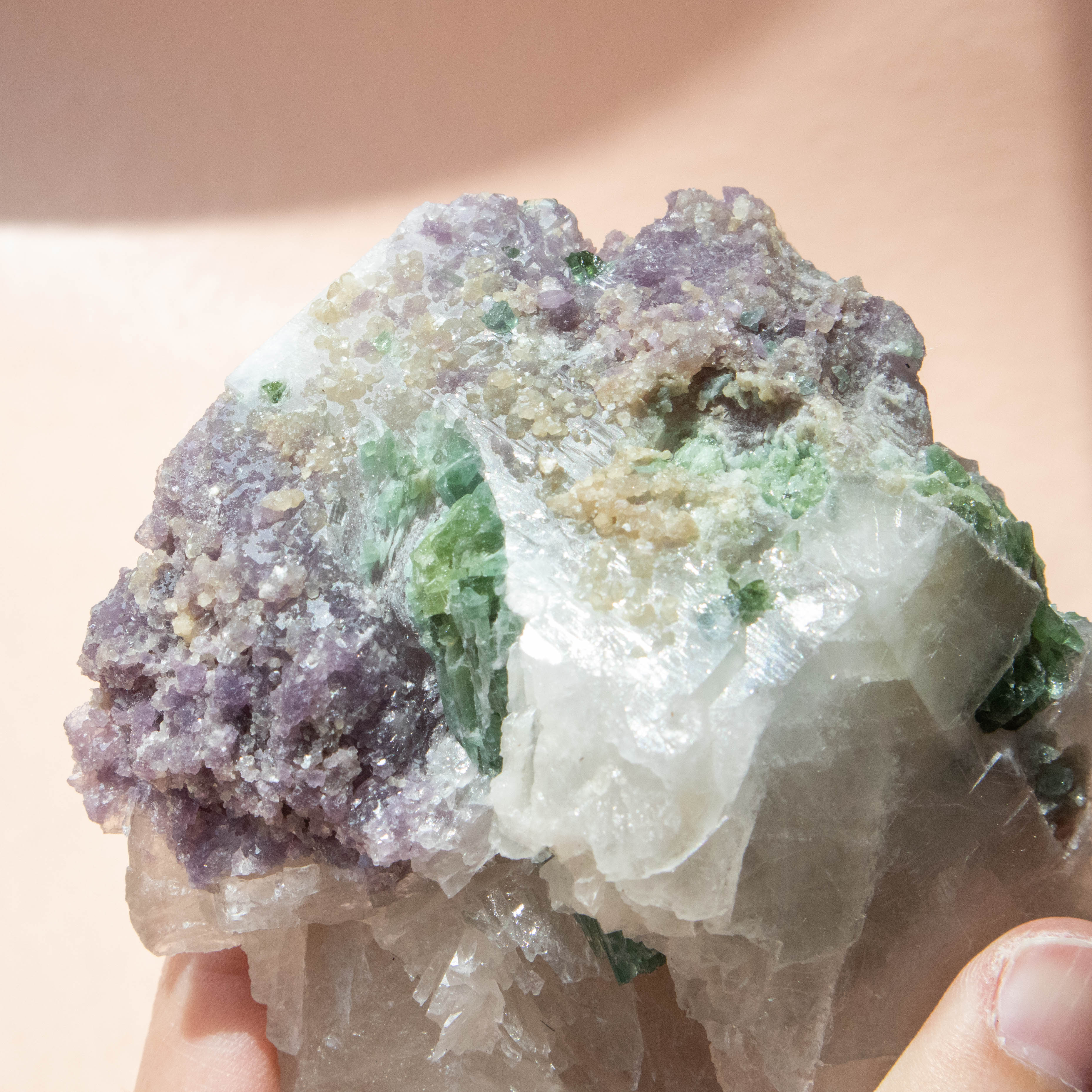 Green Tourmaline on Lepidolite Blue Cap Crystal Cluster saving Purple Mineral Tube Cast