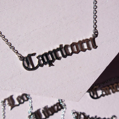 capricorn, capricorn necklace, capricorn chain, capricorn jewelry, capricorn zodiac sign, capricorn script necklace, zodiac jewelry, zodiac sign necklace, zodiac script necklace