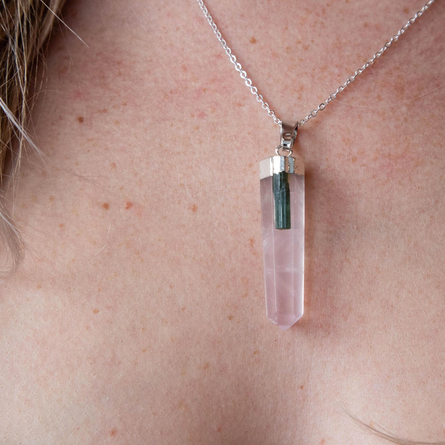 Rose Quartz with Tourmaline Pendant