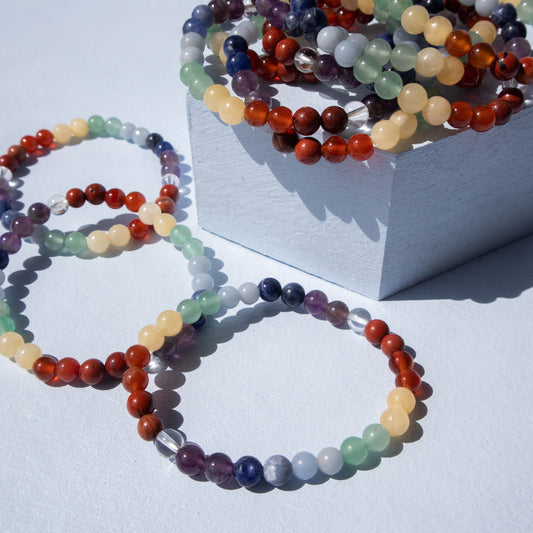 chakra, chakra bracelet, chakra bead bracelet, 7 chakras, seven chakras, 7 chakra bracelet, 7 chakra crystals, crystal bracelet, crystal jewelry, gemstone bracelet, gemstone jewelry, amethyst, clear quartz, sodalite, angelite, red jasper, carnelian, yellow aventurine, green aventurine, chakra jewelry, chakra bracelet